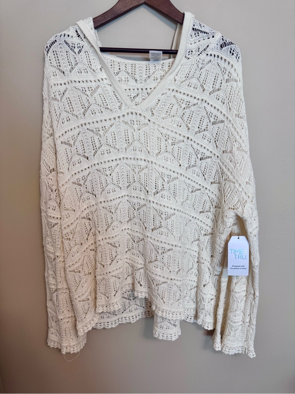 Time and Tru Cream Open-Knit V-Neck Hoodie Sweater